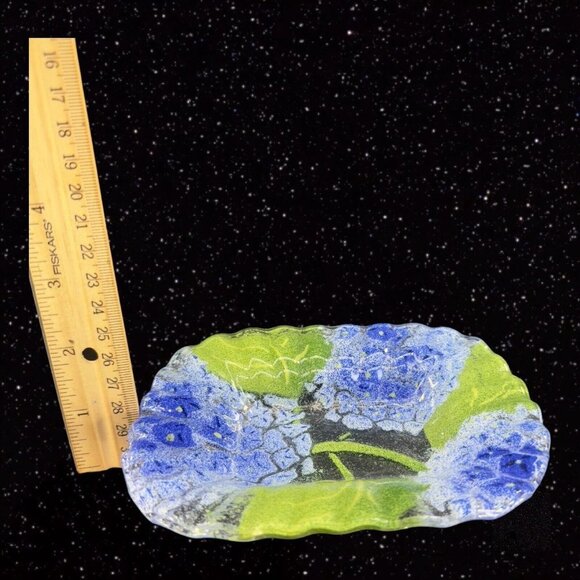 Fused Art Glass Dish Plate Ruffled Edges Blue Flowers Glass Trinket Dish 6”Wide - Picture 3 of 14